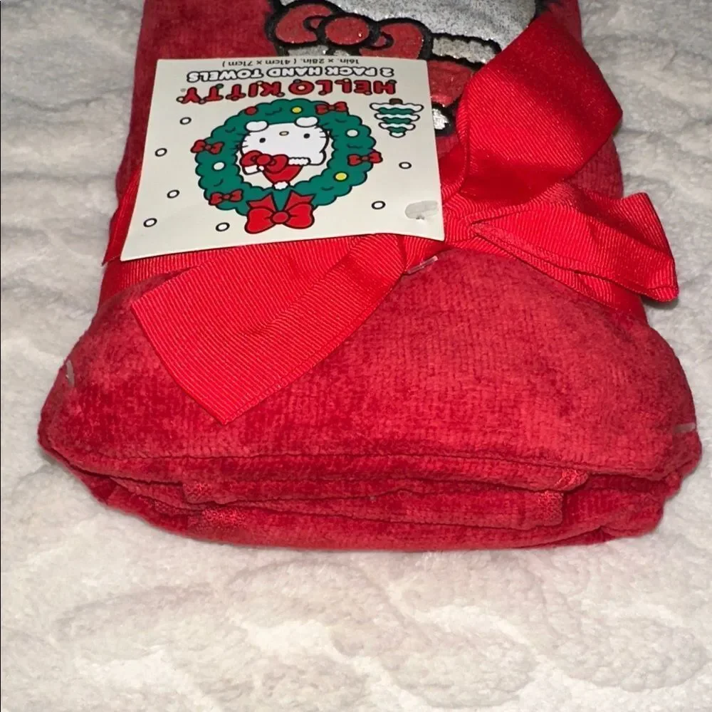 Hello Kitty 2 Pack Red Silver Metallic Black Christmas Hand Towels Bow Wrap